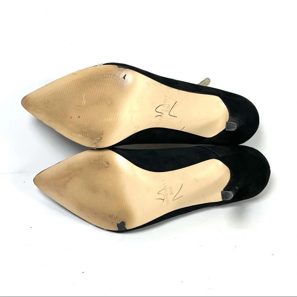Nine West Jantine Women's T-Strap Pumps Pointed Toe Black Suede‎ Size 7.5 M